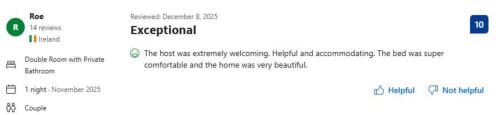 Roe's 5-star review of Knockaderry House B&B in Ennis, praising welcoming host and comfortable accommodations