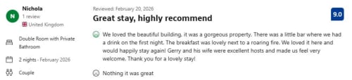 Guest review for Knockaderry House B&B in Ennis, Ireland - 9.0 rating praising beautiful building and excellent hosts