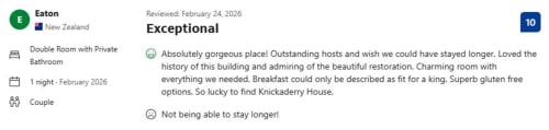 Eaton's 5-star review for Knockaderry House B&B in Ennis, praising the hosts, restored building, and breakfast