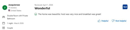 Jacquierose's 9.0-rated review for Knockaderry House B&B in Ennis, praising the beautiful home, nice host, and great