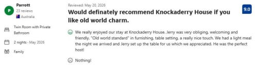 Parrot's 5-star review for Knockaderry House B&B in Ennis, praising old world charm and welcoming host Jerry