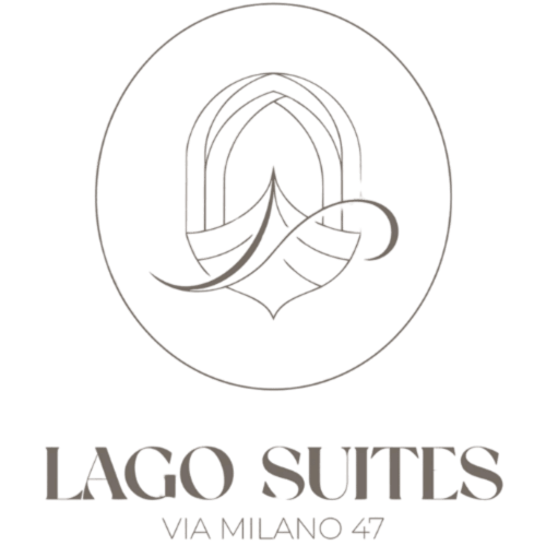 Logo Lago Suites con design ovale concentrico e motivo foglia, branding del lussuoso hotel di Como