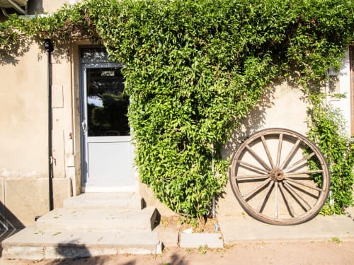 Entrée de cour couverte de lierre à L'Écrin des Roches avec roue de chariot en bois et porte blanche au Langon