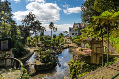 Exuberantes jardins tropicais com riacho no hotel Madeirarooms em Funchal, Portugal, com mansão histórica e vista para o oceano