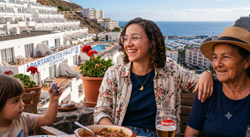 Family dining at Halley Apartments Puerto de Mogán with ocean and marina views