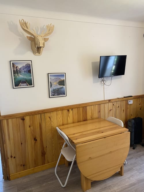 Appartement L'encabanée à Saint-Paul-sur-Ubaye avec table en bois, chaise blanche, tête d'orignal et TV murale