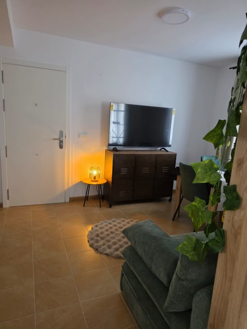 Sala de estar moderna en Apartamentos el Manantial de Chóvar con TV, mueble oscuro, sofá verde, planta de hiedra y ambiente cálido