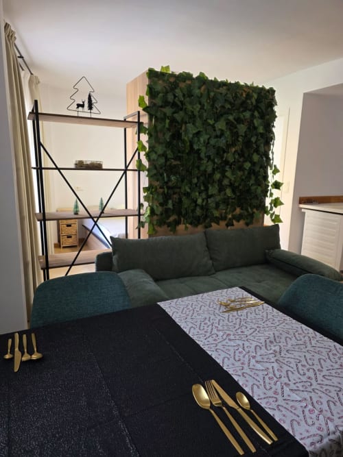 Sala de estar moderna en Apartamentos el Manantial de Chóvar con planta verde, sofá gris, estanterías y comedor