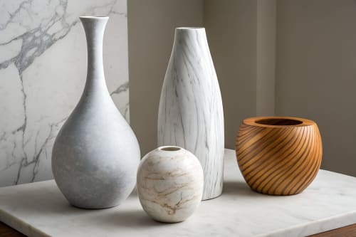 Vases en céramique moderne exposés sur une table en marbre à la boutique-hôtel La Grange Aux Étangs à Sennely, France