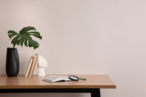 Bureau élégant à La Grange Aux Etangs avec plante Monstera, livres et loupe à Sennely