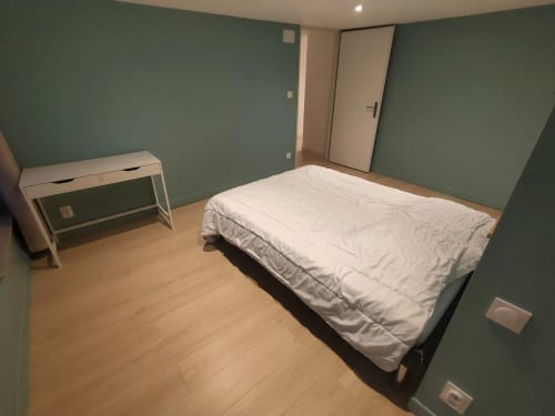 Chambre spacieuse de l'appartement Mattbnb Le Saint Gengoulf à Metz avec lit, bureau et murs vert sauge