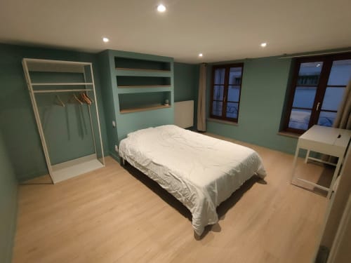 Chambre moderne chez Mattbnb Le Saint Gengoulf à Metz avec murs verts, parquet et vue sur la ville