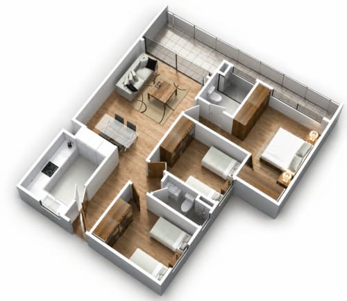 3-bedroom apartment floor plan in Dakar with living area, kitchen, bathrooms and bedrooms