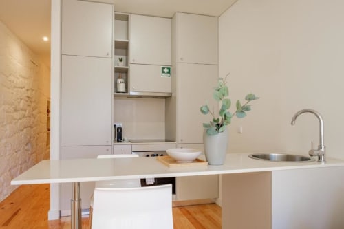 Cozinha moderna com móveis brancos, pia em aço inoxidável e decoração com eucalipto no apartamento do Porto