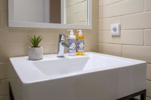 Pia de banheiro branca moderna com dispensadores de sabonete azuis, planta em vaso e torneira em apartamento no Porto