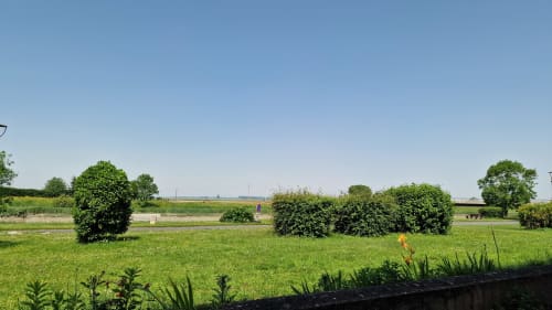 Prairie verdoyante au bord de la rivière à l'Hôtel Rose à Beauvoir, avec herbe luxuriante, arbres et vue sur l'eau depuis la chambre twin