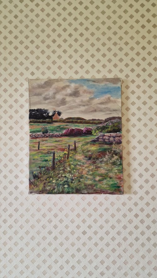 Peinture de la campagne française rurale avec moulin, champs et murs en pierre à l'Hôtel Rose, Beauvoir