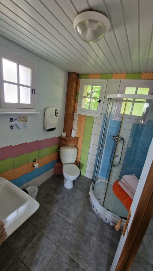 Salle de bain colorée à l'Hôtel Rose avec douche, toilettes et lavabo à Beauvoir