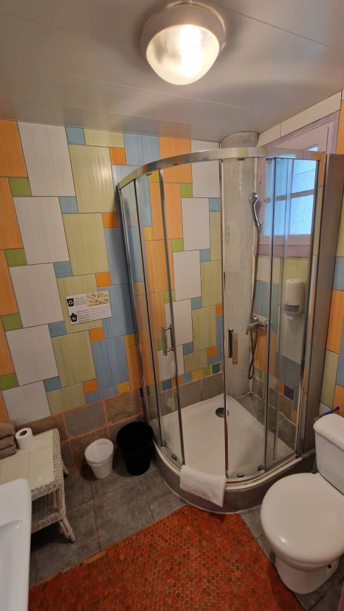 Salle de bain moderne aux murs carrelés colorés, douche en verre courbe, toilettes et lavabo sur pied à l'Hôtel Rose de Beauvoir