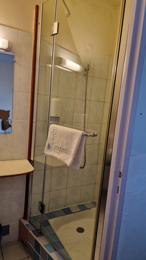 Élégante paroi de douche en verre avec porte-serviettes blanc à l'Hôtel Rose, vue sur la rivière Beauvoir