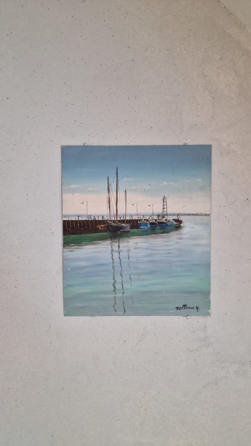 Voiliers amarrés au port de Beauvoir, peinture à l'huile dans la chambre au bord de la rivière de l'Hôtel Rose