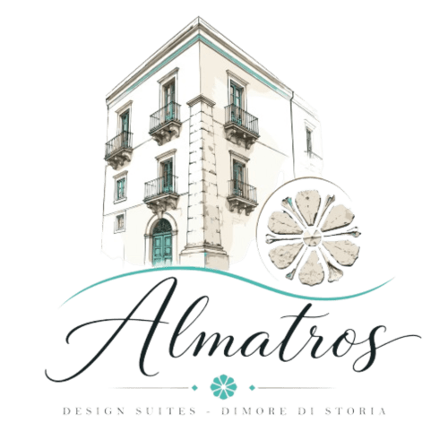 Logo dell'hotel Almatros Design Suites con edificio storico di Sulmona e dettagli turchesi