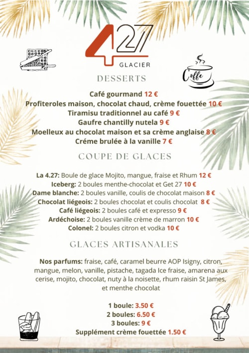 Menu des desserts glacés et crème glacée du restaurant Les loges du Luberon, Cabrières-d'Avignon
