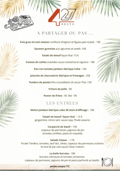 Menu du restaurant 427 proposant des entrées et plats français à l'hôtel Les loges du Luberon à Cabrières-d'Avignon