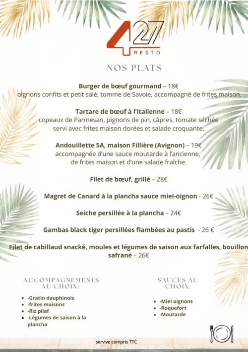 Menu du restaurant 427 Resto aux Loges du Luberon proposant une cuisine française incluant des burgers de bœuf, de l'andouillette et