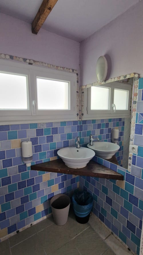 Salle de bains accessible à l'Hôtel Rose avec doubles vasques, carrelage bleu et miroir à Beauvoir, France