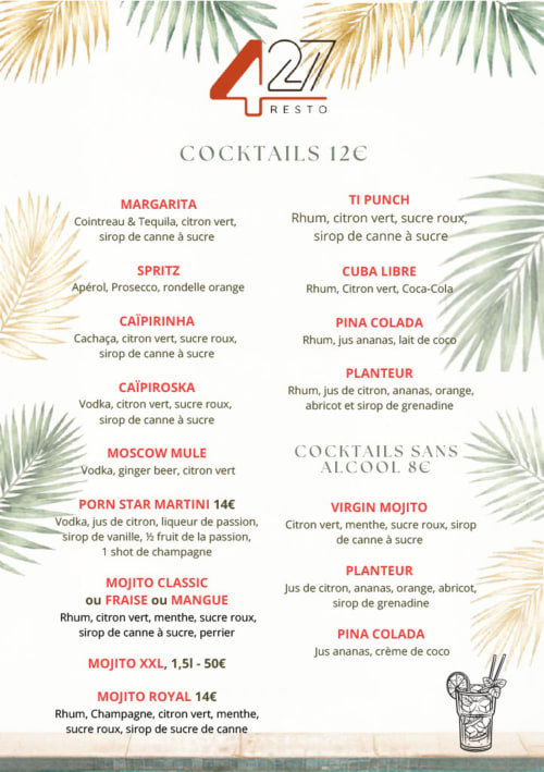 Carte des cocktails du restaurant 427 Resto : margaritas, mojitos et boissons tropicales aux Loges du Luberon, Cabrières-d'Avignon
