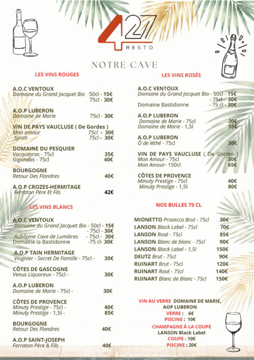 Carte des vins 427 Resto proposant vins rouges, rosés, blancs et champagne aux Loges du Luberon, Cabrières-d'Avignon