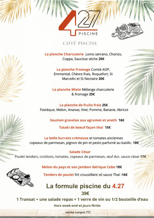 Menu du restaurant piscine avec charcuterie, fromage, plateaux de fruits frais et plats principaux aux Loges du Luberon