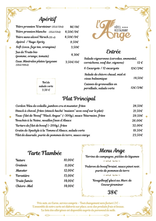 Carte du restaurant Hôtel l'Ange de Niedermorschwihr avec entrées, plats et tarte flambée
