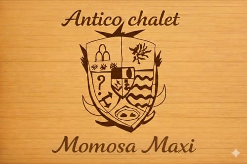 Insegna in legno dell'Antico Chalet Momosa con stemma araldico, villa ospitalità a Ovindoli