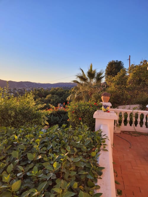 Jardín terraza en apartamento de lujo Nerja Holiday Homes con palmeras, plantas floridas y vistas a las montañas al atardecer