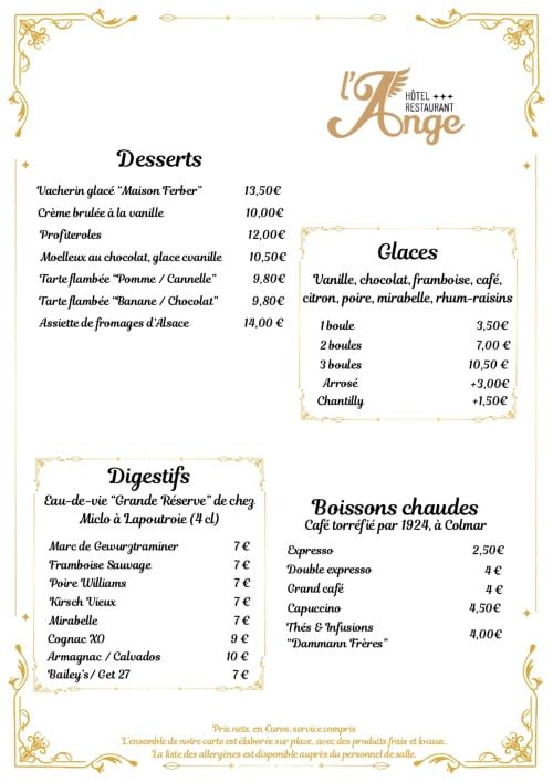 Menu des desserts et boissons du restaurant L'Ange, spécialités françaises à Niedermorschwihr