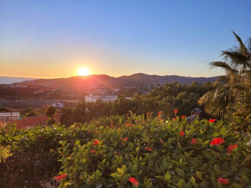 Vista al atardecer desde el balcón de Nerja Holiday Homes, con vistas a las montañas y flores rojas en flor, España