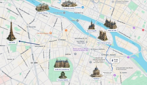 Carte de Paris indiquant la localisation d'ATHEA Appartements près de Notre-Dame, du Panthéon et des principaux monuments