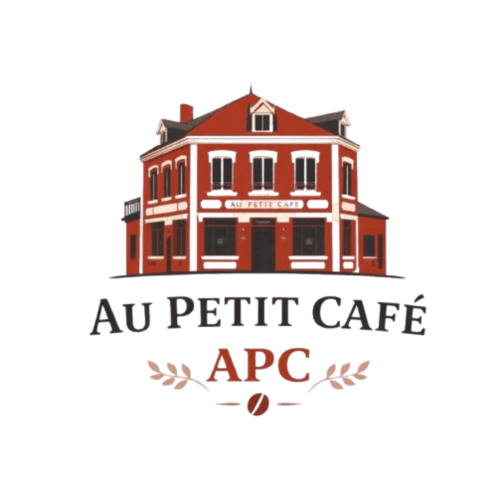 Logo Au Petit Café APC : bâtiment victorien rouge avec garnitures blanches et emblème de grain de café