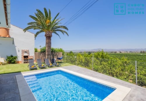 Piscina azul con palmera, villa blanca y vistas al campo en Alhaurín de la Torre