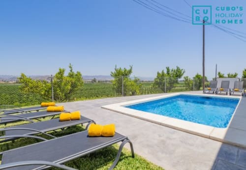 Piscina con tumbonas en la villa Alhaurín Loft, vistas a las montañas y paisaje de viñedos