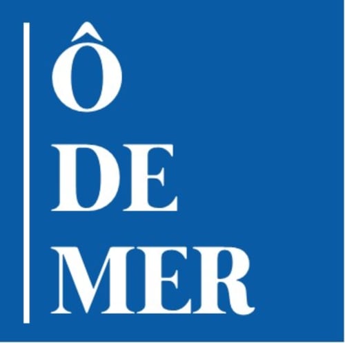 Logo de l'hôtel Ô de Mer à Sangatte, France - texte serif blanc sur fond bleu