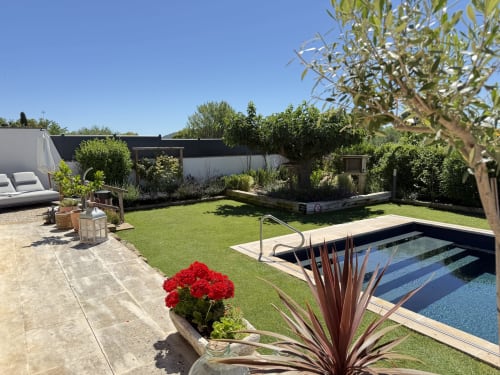 Piscine de luxe avec olivier, fleurs rouges et pelouse verdoyante à la propriété Muriel Marcone à Puyvert