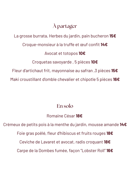 Menu français du Savoy Hôtel Le Bourget-du-Lac avec entrées et plats principaux