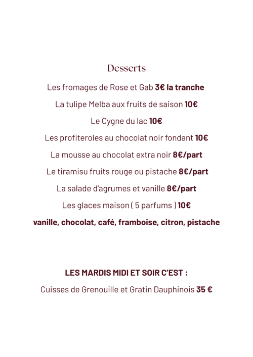 Menu de desserts de l'Hôtel Savoy présentant mousse au chocolat, tiramisu et glace maison au Bourget-du-Lac