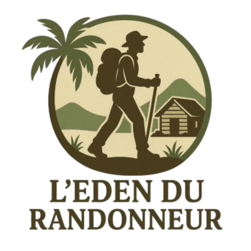 Logo du Gîte Eden du randonneur à Entre-Deux : randonneur avec sac à dos et bâton, palmier et refuge en montagne