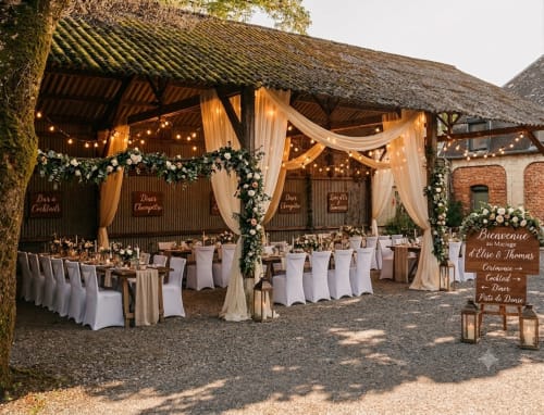 Réception de mariage élégante à La Cour d'Hortense avec tables drapées de blanc, arrangements floraux et guirlandes lumineuses