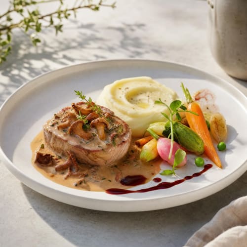 Élégant steak présenté avec champignons, purée de pommes de terre et légumes rôtis à l'hôtel Ô Château à Hayange