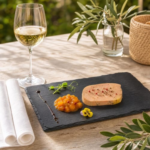 Élégante mise en place de foie gras et abricot sur ardoise, accompagnée de vin blanc à l'hôtel Ô Château de Hayange